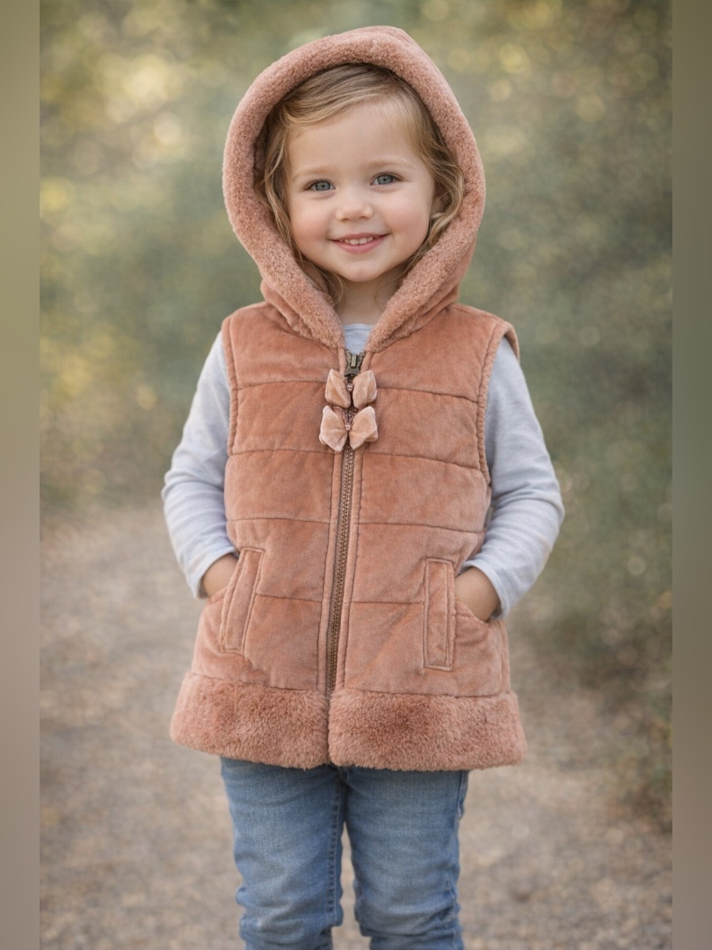 Nicole Miller New York Girl's Pink Hooded Velour Vest 4T Zip Quilted Bows Fur
